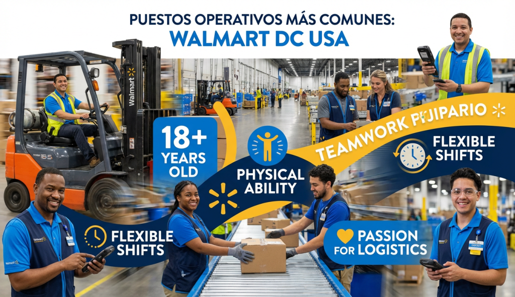 Puestos operativos más comunes Empleos en Walmart Distribution Centers USA, una imagen de 700*400, creativa que hable sobre algunos requisitos para acceder a un empleo, con empleados reales, llamativa